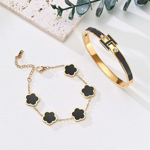 Women’s Gold-Black Stainless Steel H Bangle & Lucky Five-Leaf Clover Bracelets S - Picture 6 of 7